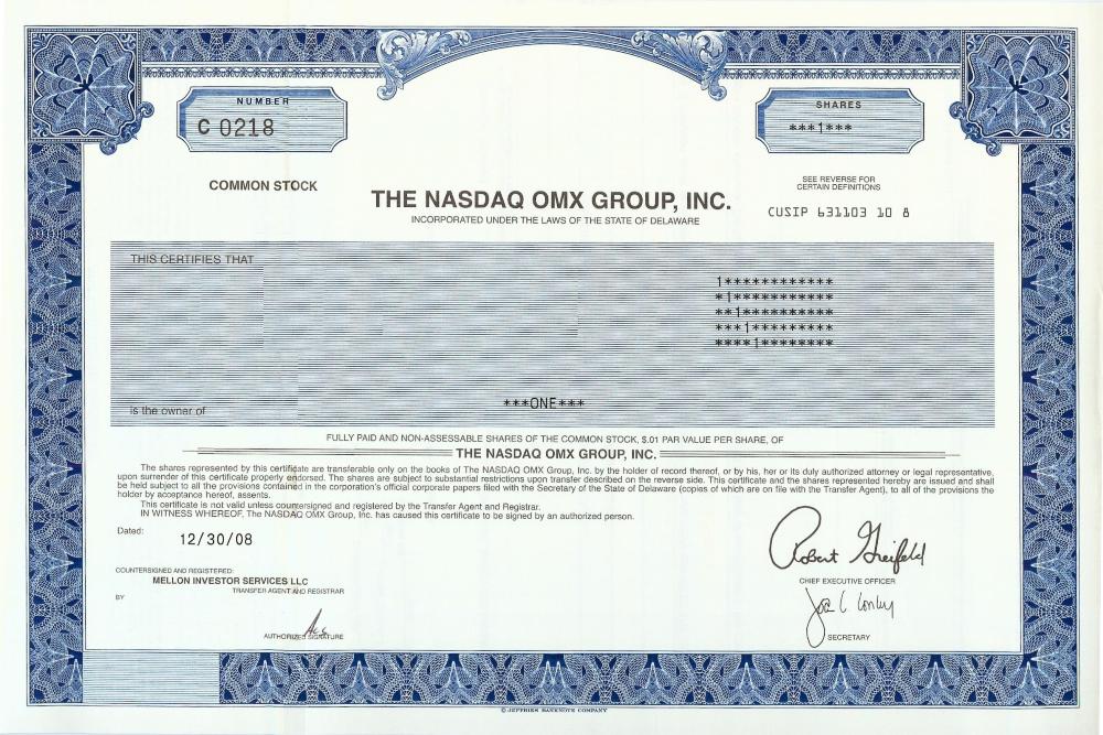 NASDAQ OMX Group Stock Certificate